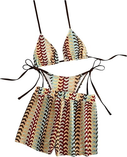 WDIRARA Women's 3 Piece Swimsuit Chevron Textured Triangle Bikini Set Shorts Coverups | Amazon (US)