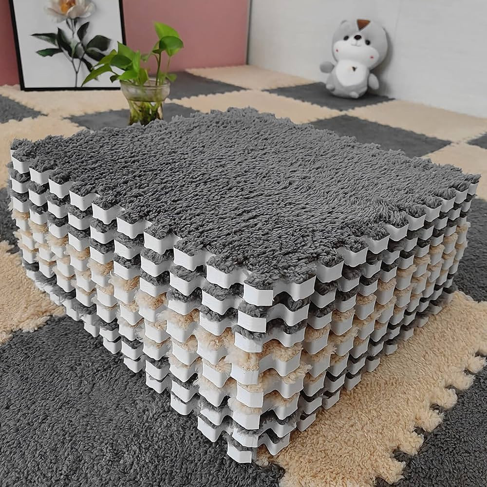 12 pcs Thickened Plush Interlocking Floor Mat 0.6" Thick- Fluffy Square Tiles with 12 Edgings Sof... | Amazon (US)