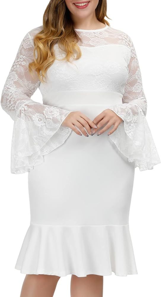 Hanna Nikole Women's Plus Size Lace Bell Sleeves Pencil Dress Cocktail Party Bodycon Fishtail Dre... | Amazon (US)
