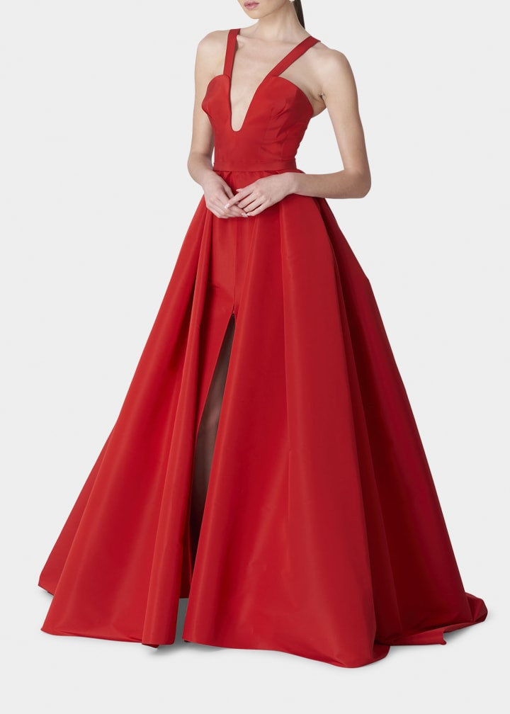 Carolina Herrera Plunging Pleated Overskirt Bustier Gown | Bergdorf Goodman