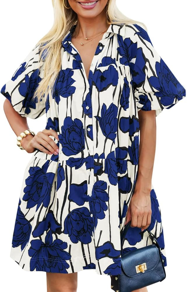Women's Summer Short Puff Sleeve Floral Dress Button Down Loose Fit Casual Shirt Dresses | Amazon (US)