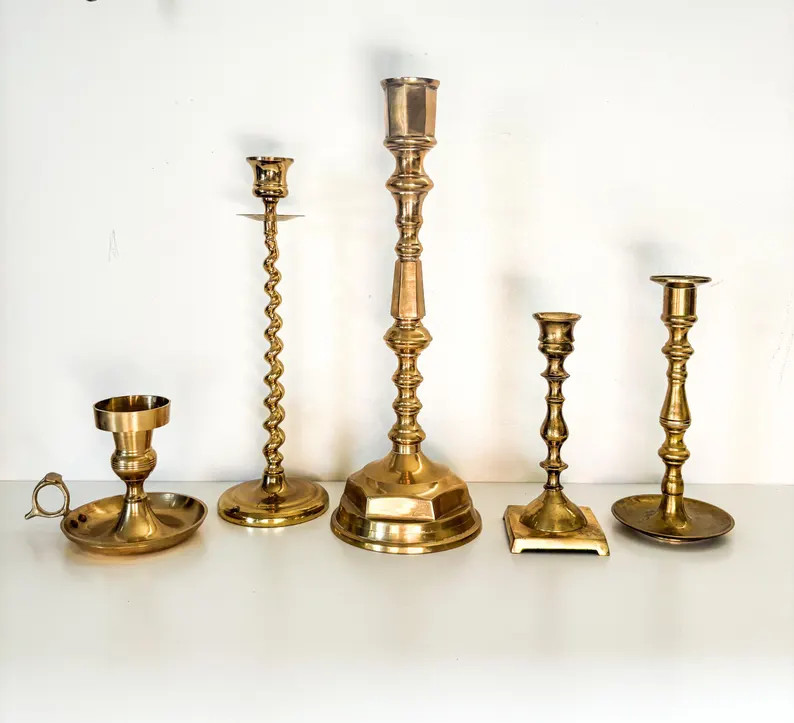 Set of 5 Medium-large Vintage Brass Mismatched Candlestick Holders Instant Collection - Etsy | Etsy (US)