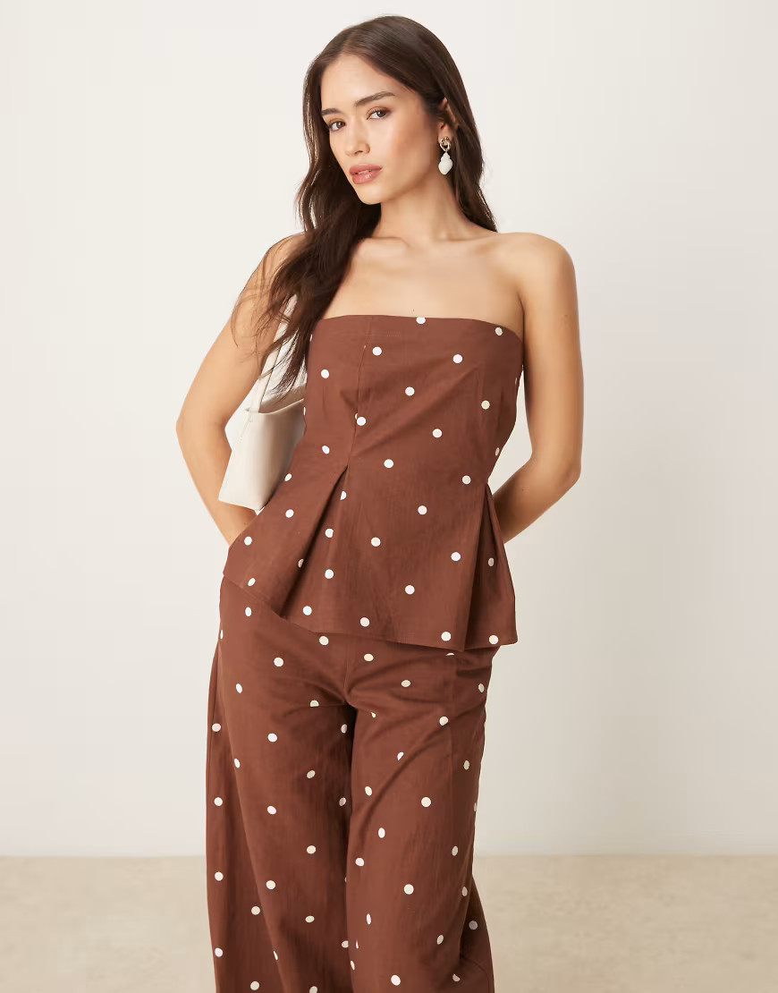 ASOS DESIGN linen blend cinched waist bandeau top in polka dots - part of a set-Brown | ASOS (Global)