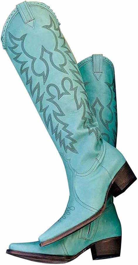 Women Pink Cowboy Boots Mid Calf Cowgirl Boots Sky Blue Western Boots Embroidered Suede Boots Pul... | Amazon (US)