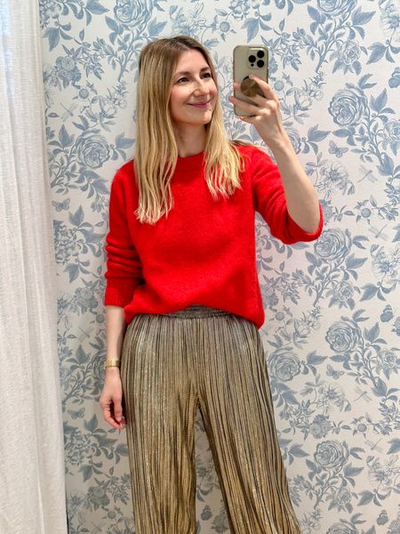 Cloud soft red wool sweater paired with comfortable flowy gold pants ✨ Festive outfit that is casual enough for everyday ✨

#LTKHoliday #LTKstyletip