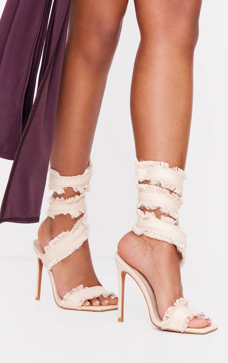 Ecru Denim Square Toe Frayed Spiral Heeled Sandals | PrettyLittleThing US