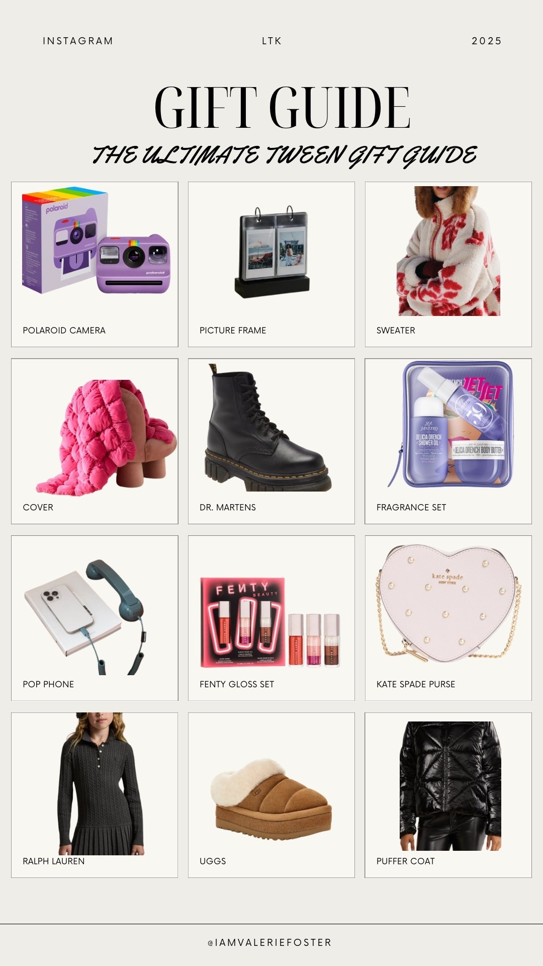 The ULTIMATE Tween Gift Guide is officially here! 🤩
​From the iconic Polaroid camera and must-have Dr. Martens to the coziest UGG slippers and viral FENTY gloss set—I rounded up all the gifts every tween is asking for this year. Seriously, if it's on their list, it's here!
​Tap the link to shop these popular picks before they sell out! ✨
​#tweengiftguide #holidaygifts #giftideasforkids #ltk #liketkit #tweenfashion #polaroid #drmartens #ugg

#LTKGiftGuide
