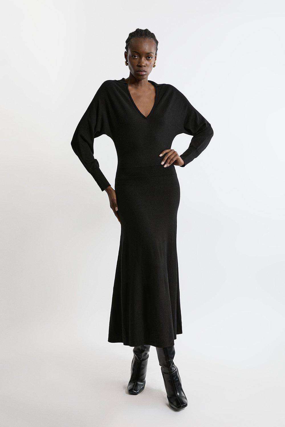 Viscose Blend Collared Batwing Knit Midi Dress | Karen Millen UK + IE + DE + NL
