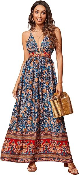 SweatyRocks Women's Floral Deep V Neck Sleeveless Dress Criss Cross Backless Maxi Dresses | Amazon (US)