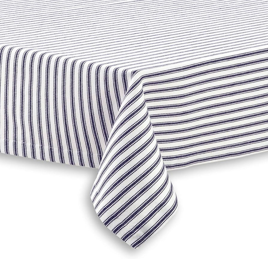 Cackleberry Home Navy Blue and White Ticking Stripe Woven Cotton Fabric Tablecloth, 70 Round | Amazon (US)
