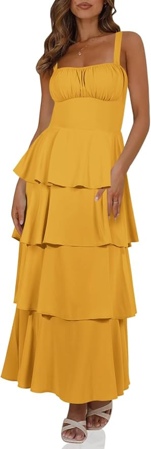 Wenrine Womens Summer Maxi Dress Spaghetti Strap Sleeveless Tie Back Flowy Tiered Casual Dresses | Amazon (US)