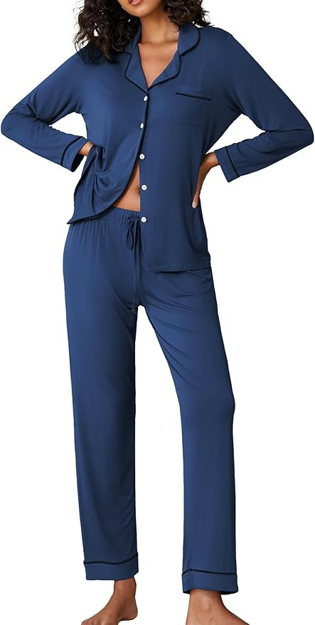 Ekouaer - Conjunto de pijama de manga larga para mujer, ropa suave de dormir y de descanso con bo... | Amazon (US)