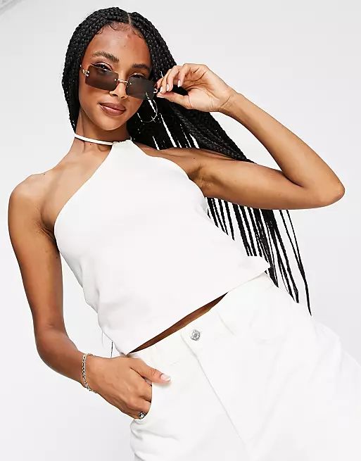 Weekday Amity organic cotton one shoulder halter top in off-white | ASOS (Global)