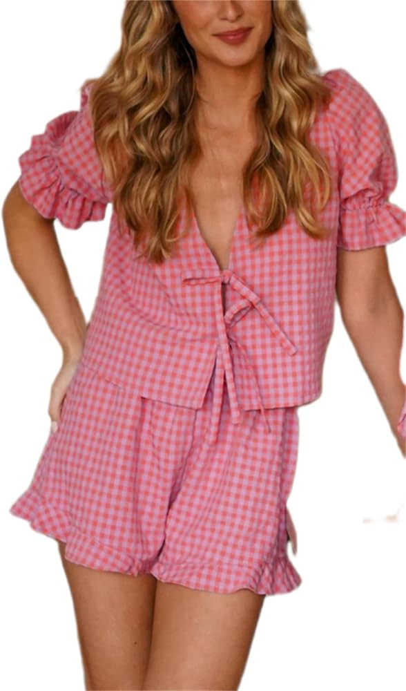 Yuemengxuan Women Y2k Peplum Shirt Shorts Set Two Piece Lounge Set Pajamas Sets Puff Sleeve Tie F... | Amazon (US)