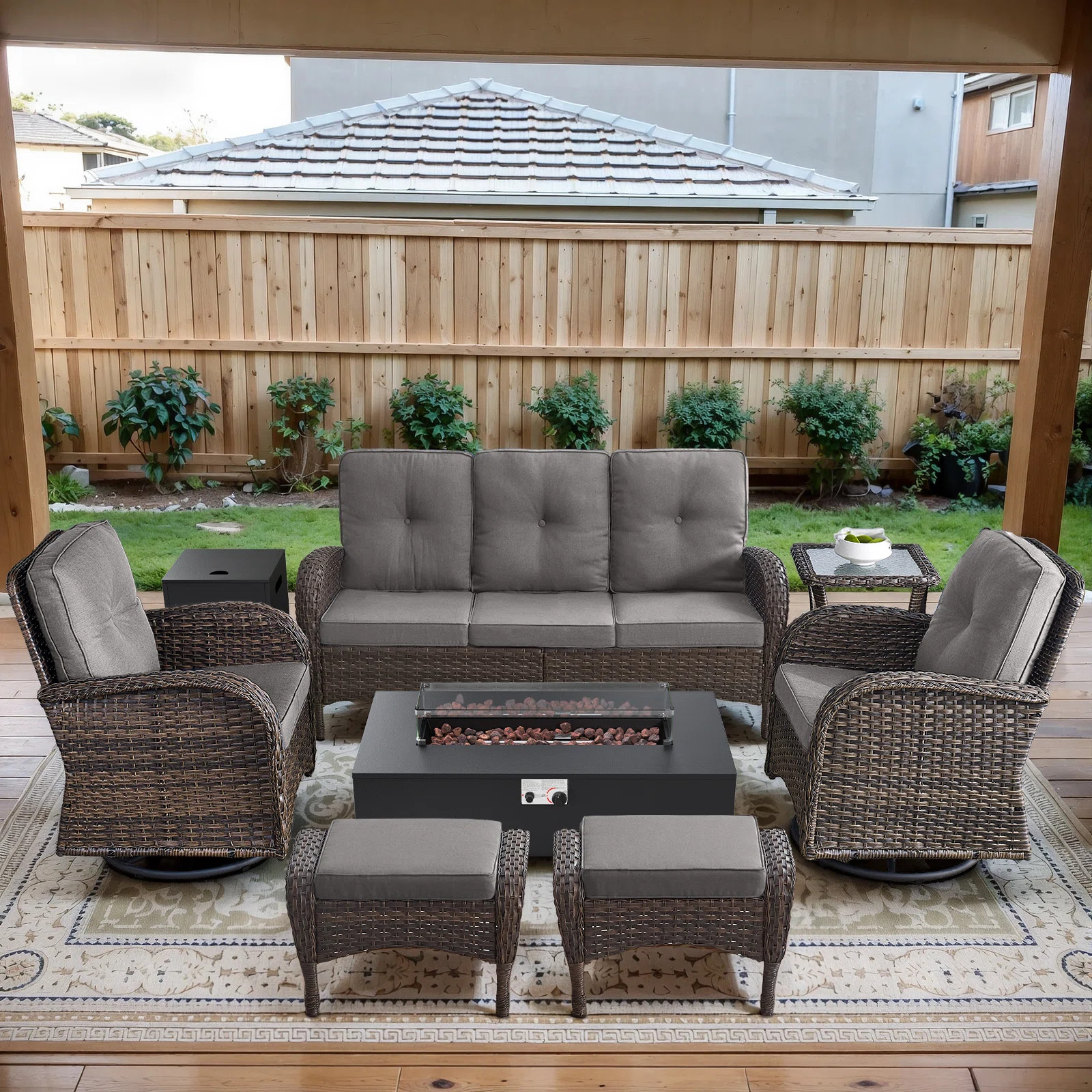 7-Pieces Wicker Outdoor Conversation Set For 6 Person With 2 Rocking And Swivel Chairs & Fire Pit Table | Wayfair North America