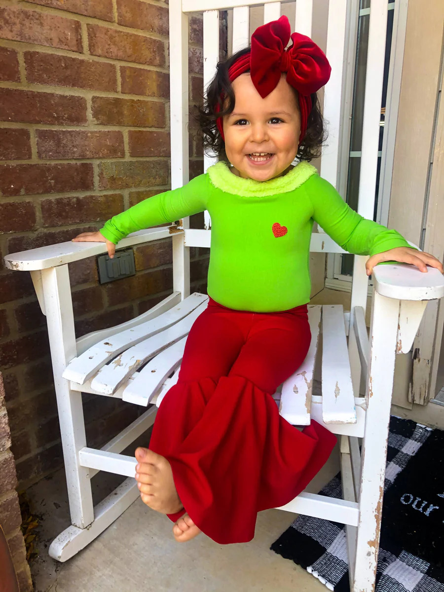 Grinch Theme Hibiscus Leo and Bell Bottoms including Bow | LylaRaesBoutique