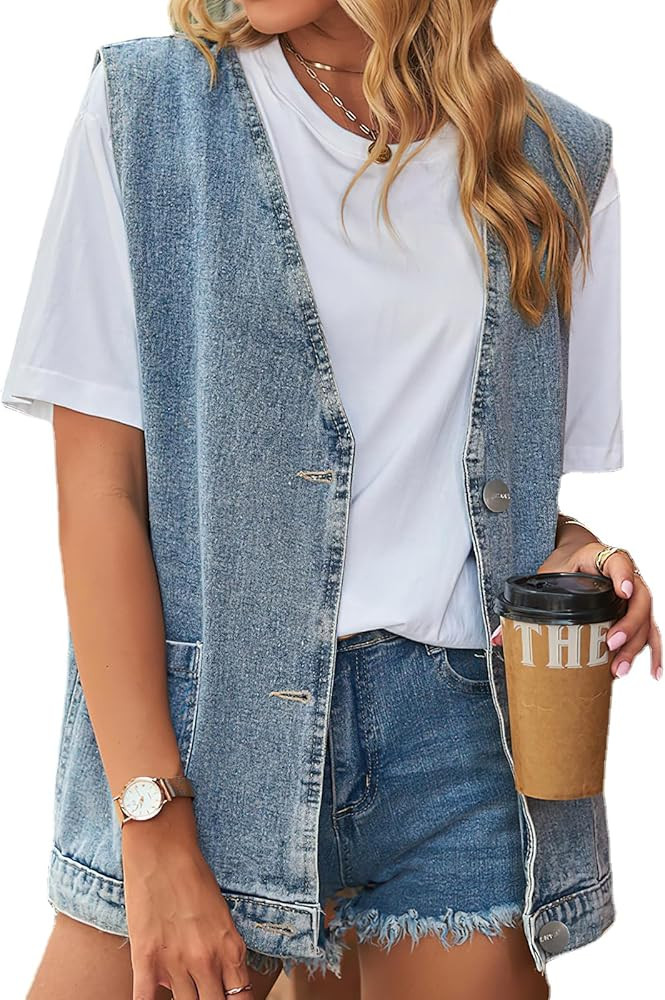Women's Sleeveless Denim Vest Oversize Button Down Ripped Waistcoat Jacket | Amazon (US)
