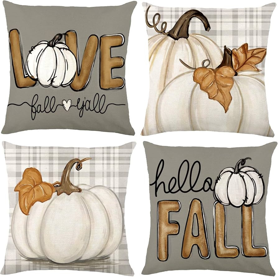 Fall Pumpkin Throw Pillow Covers 18x18 Set of 4, Maple Leaves Love Autumn Thanksgiving Harvest De... | Amazon (US)