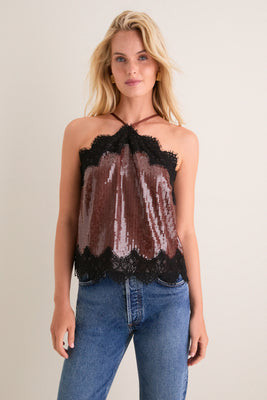 Brown Sequin & Black Lace Bradshaw Halter Tank | Tuckernuck (US)