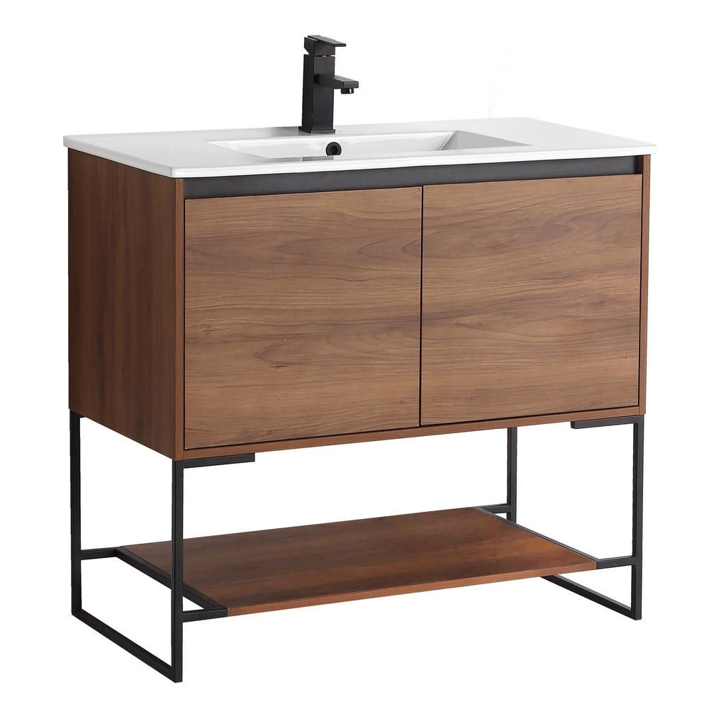 FINE FIXTURES Urbania 36 in. W x 18.5 in. D x 33.5 in. H Bath Vanity in Walnut with White Ceramic... | The Home Depot