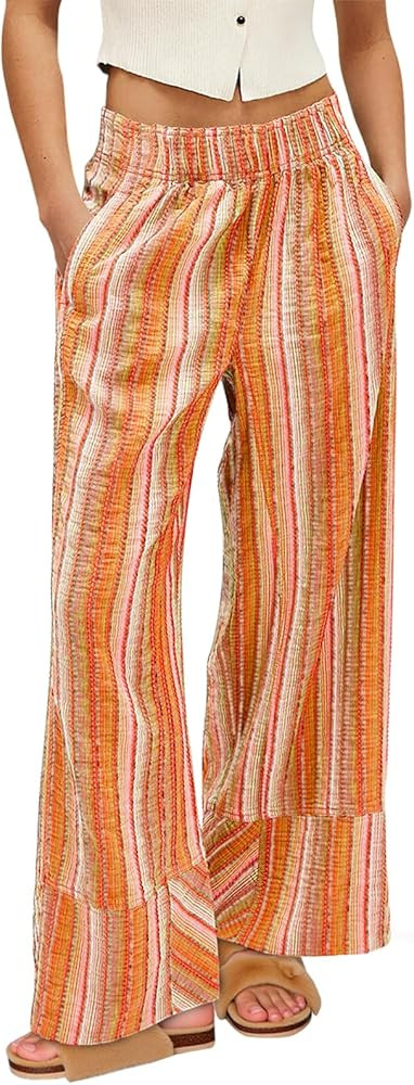 Cicy Bell Womens Wide Leg Lounge Pants Elastic High Waisted Striped Palazzo Pants Flowy Casual Be... | Amazon (US)