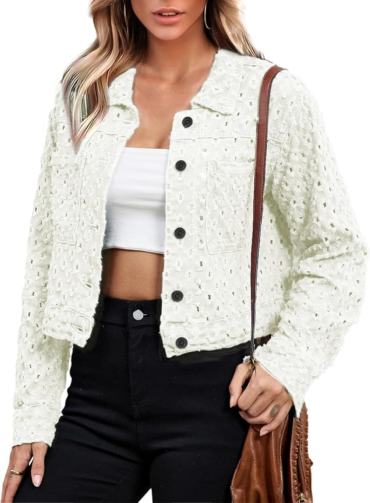 Fiona Jolin Womens Jean Jacket 2026 Casual Long Sleeve Distressed Button Down Cropped Denim Jacke... | Amazon (US)