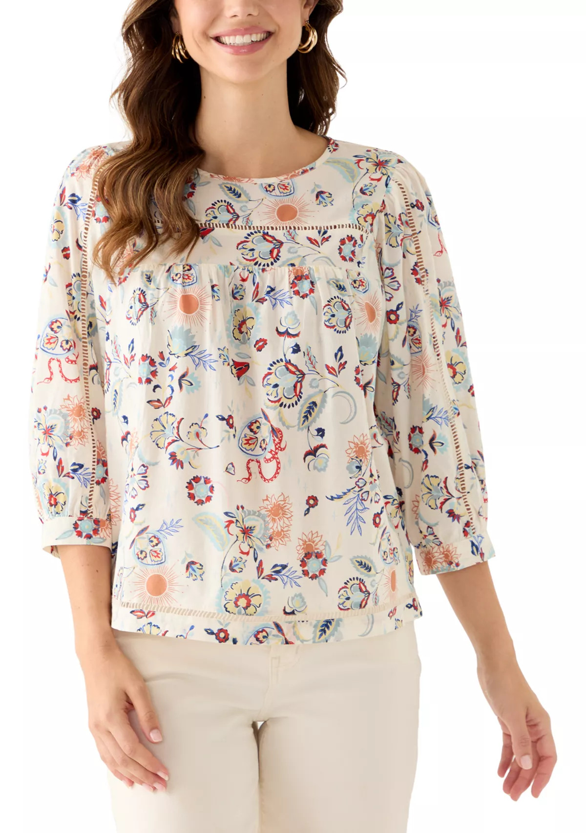 WonderlyWomen's 3/4 Sleeve Embroidered Printed Swing Top | Belk