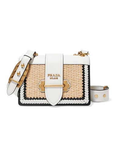 Prada - Cahier Whipstitched Leather And Raffia Shoulder Bag - White | NET-A-PORTER (UK & EU)