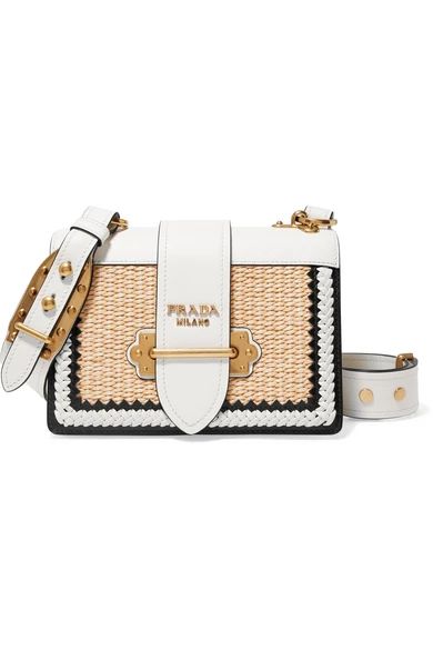 Prada - Cahier Whipstitched Leather And Raffia Shoulder Bag - White | NET-A-PORTER (UK & EU)
