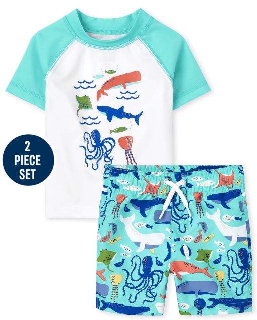 Baby And Toddler Boys Short Sleeve Graphic Rashguard And Print Swim Trunks Swim Set | The Childre... | The Children's Place
