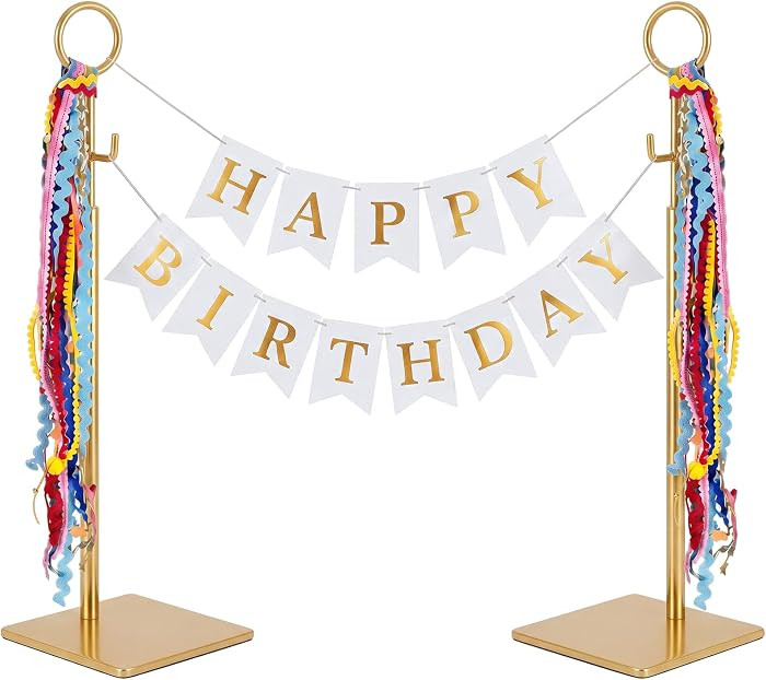 Yalikop 2 Pack Adjustable Banner Stand Height 16 to 24 Inch Tabletop Sign Holder, Metal Desktop Flag Hanger with Stable Base for Birthday Wedding Graduation Party Event Decorations (Golden) | Amazon (US)