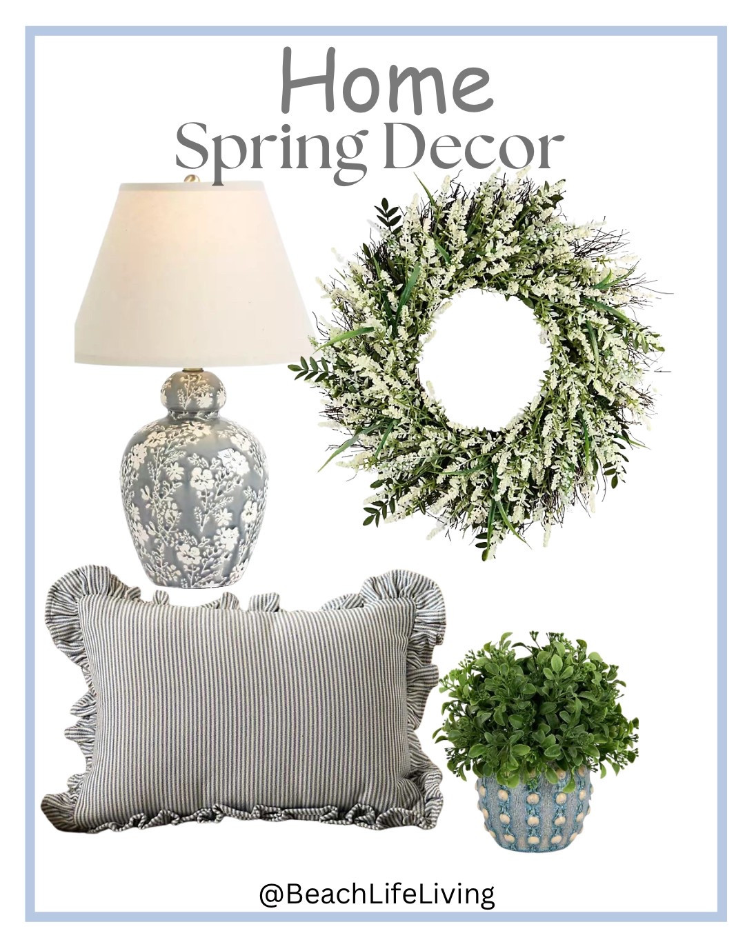 Home Spring Decor 
Blue Floral Ceramic Table Lamp
Blue Stripe Ruffle Lumbar Pillow
Eucalyptus Thistle Arrangement in Blue Dot Vase 
Mixed Fern and Berry Wreath

#LTKSaleAlert #LTKHome