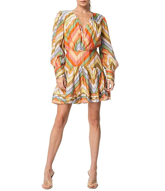 CIEBON Emerie Chevron Stripe Split V-Neck Long Sleeve Mini Dress | Dillard's | Dillard's