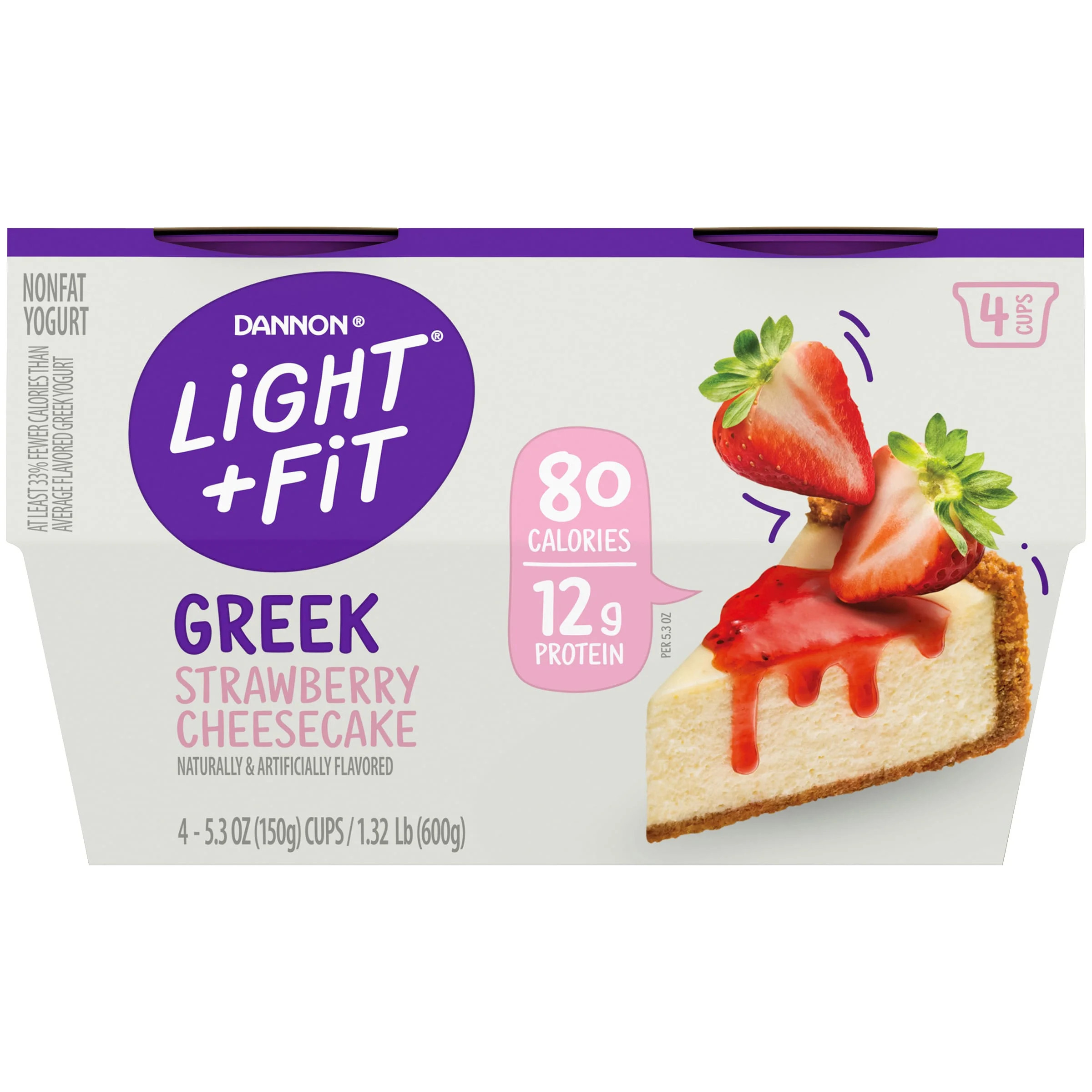 Light + Fit Nonfat Gluten-Free Strawberry Cheesecake Greek Yogurt, 5.3 Oz. Cups, 4 Count | Walmart (US)