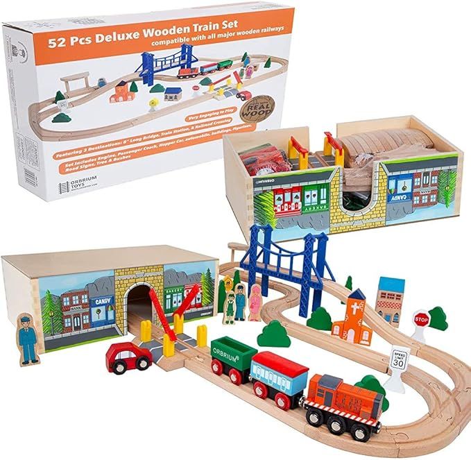 Orbrium Toys 52 Pcs Deluxe Wooden Train Set with 3 Destinations Fits Thomas, Brio, Chuggington, M... | Amazon (US)