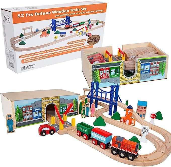 Orbrium Toys 52 Pcs Deluxe Wooden Train Set with 3 Destinations Fits Thomas, Brio, Chuggington, M... | Amazon (US)