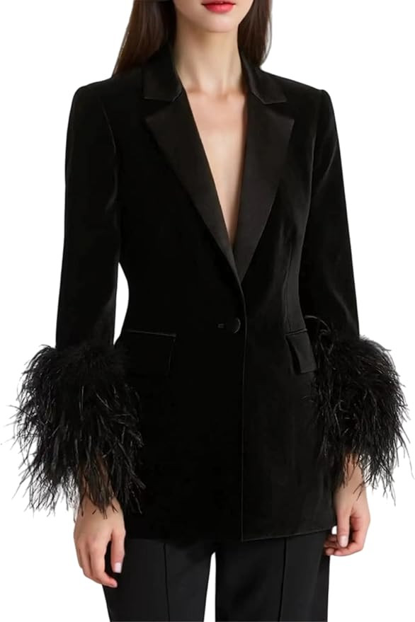 Women's Velvet Blazer with Feather Cuffs Lapel Cocktail Gala Events Jacket Elegant Evening Party ... | Amazon (US)