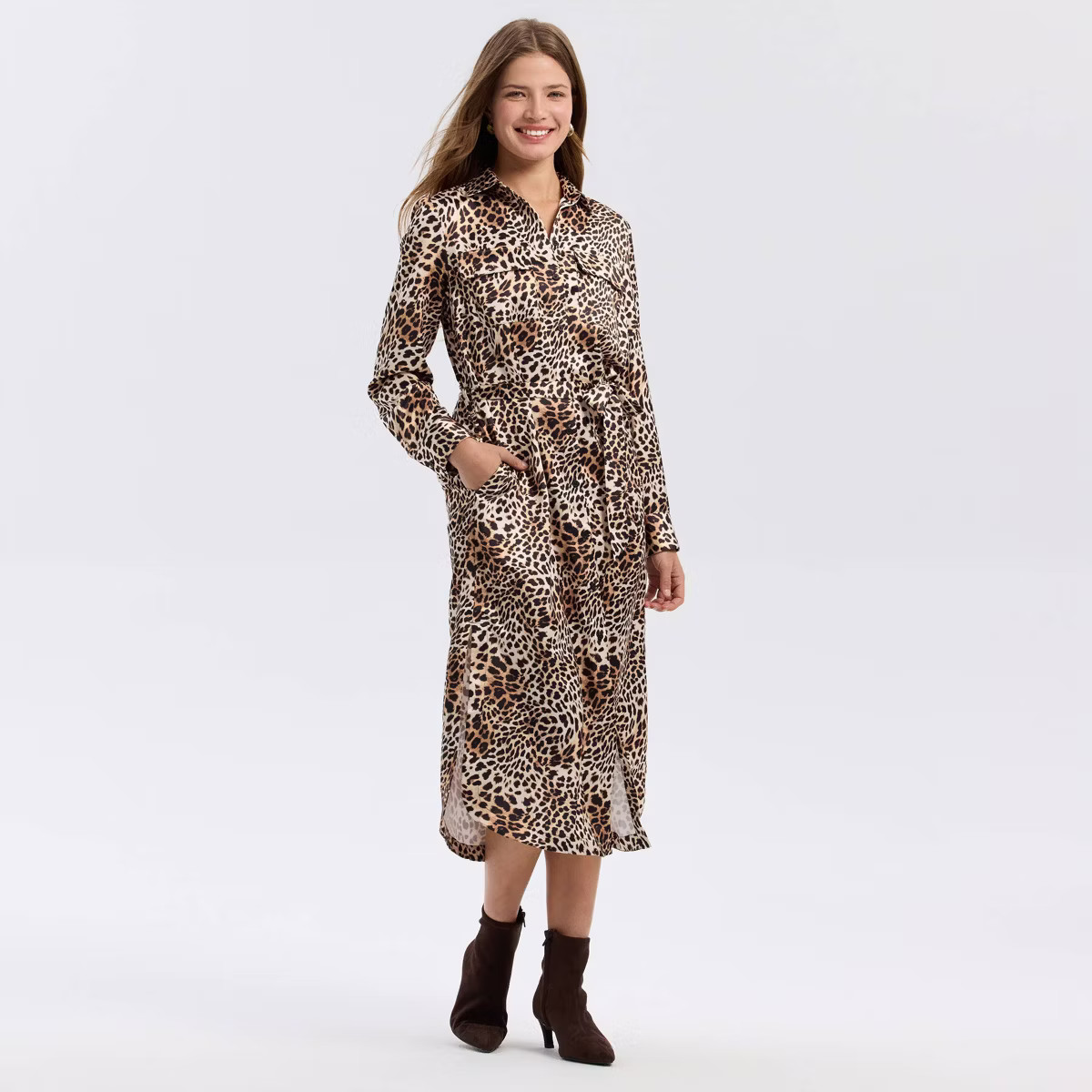 Women's Long Sleeve Belted Satin Midi Shirtdress - A New Day™ | Target