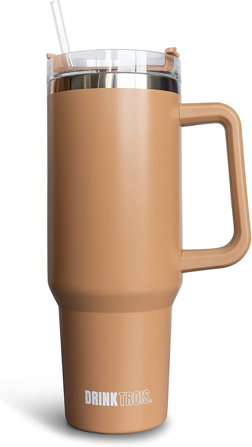 Drink Trois 40 oz Side Sipper, Stainless Steel Travel Tumbler with Handle, Lid and Straw- Keeps D... | Amazon (US)