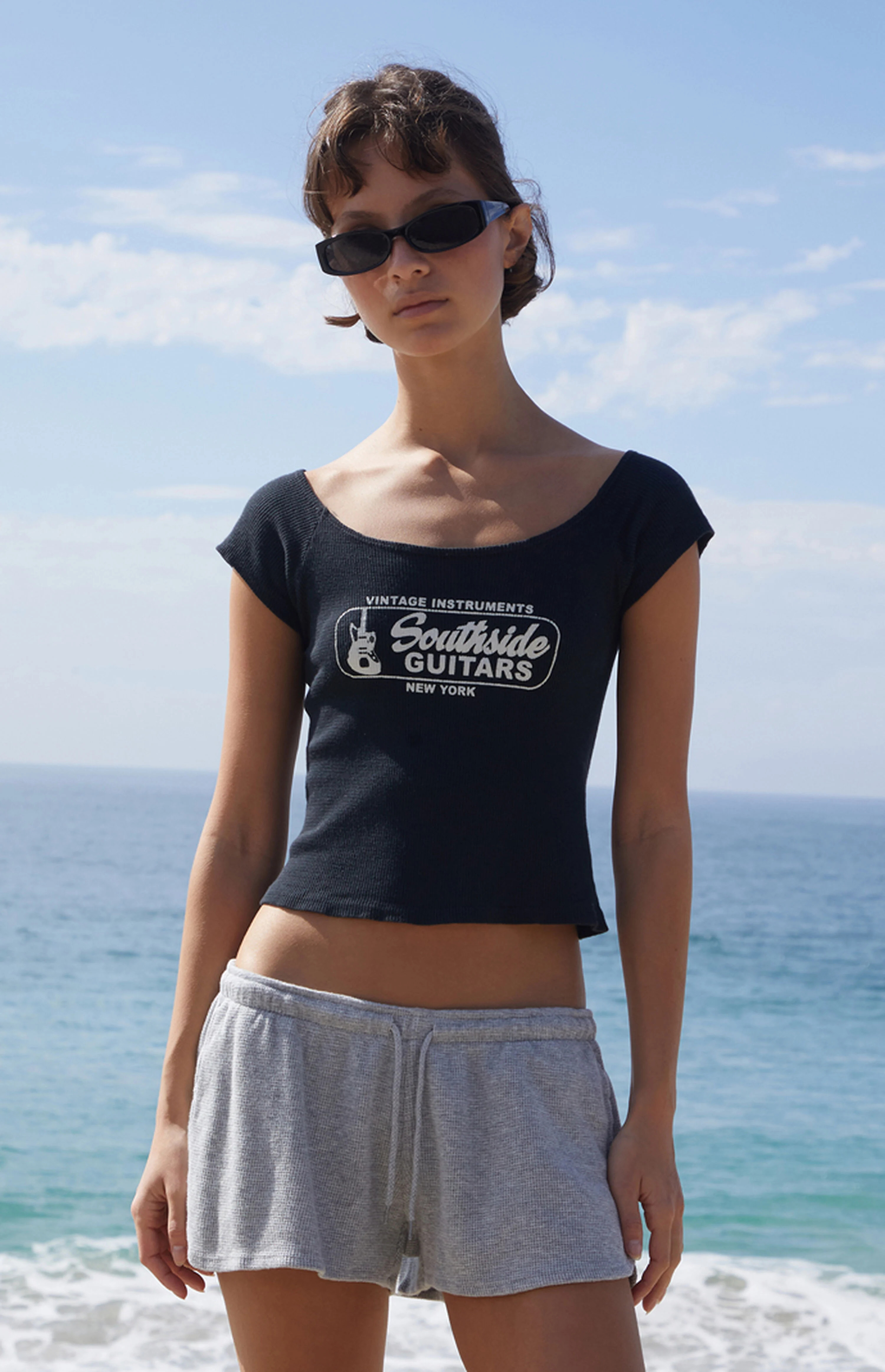 John Galt Black Southside Guitars Off-The-Shoulder Cropped T-Shirt | PacSun