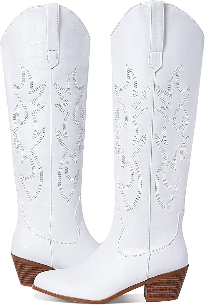Vimisaoi Cowboy Boots for Women, Fashion Retro Pointed Toe Pull On Wide Calf Long Tall Block Chun... | Amazon (US)