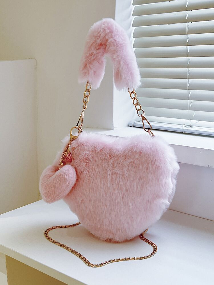 Heart Shaped Chain Fuzzy Novelty Bag With Bag Charm | SHEIN