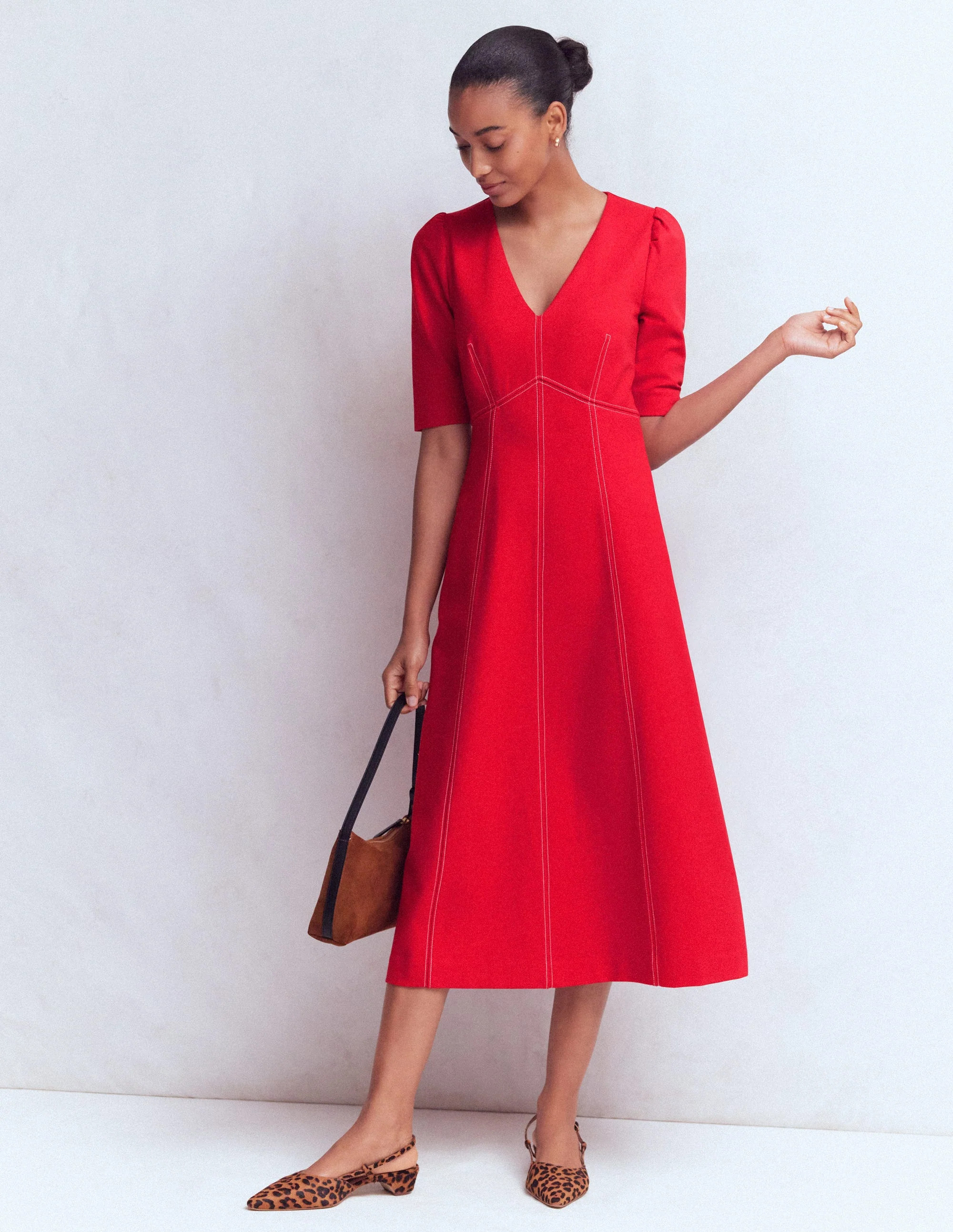Puff Sleeve Ponte Midi Dress-Merida Red | Boden (US)