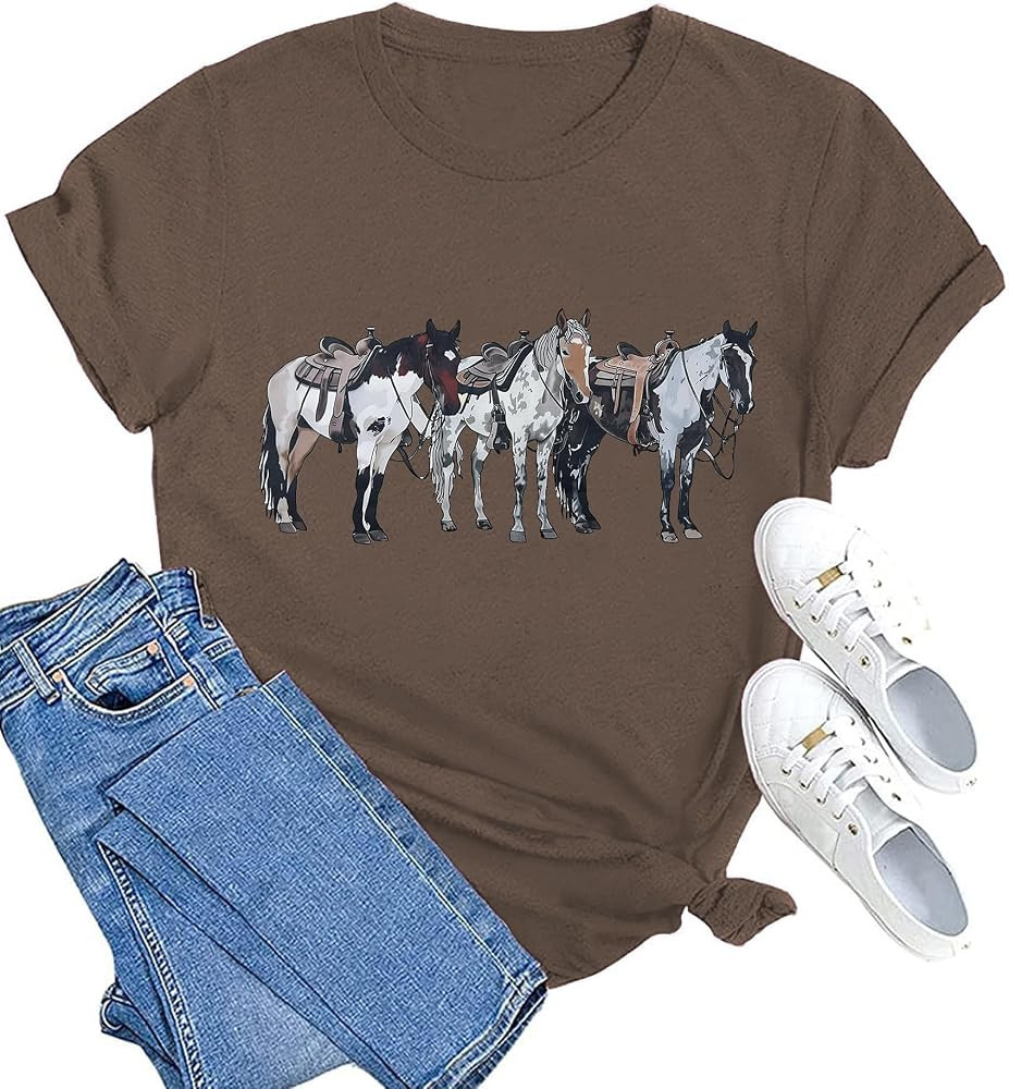 Horse Shirts for Women Vintage Rodeo Western Graphic Tshirt Casual Short Sleeve Animal Tee Tops | Amazon (US)