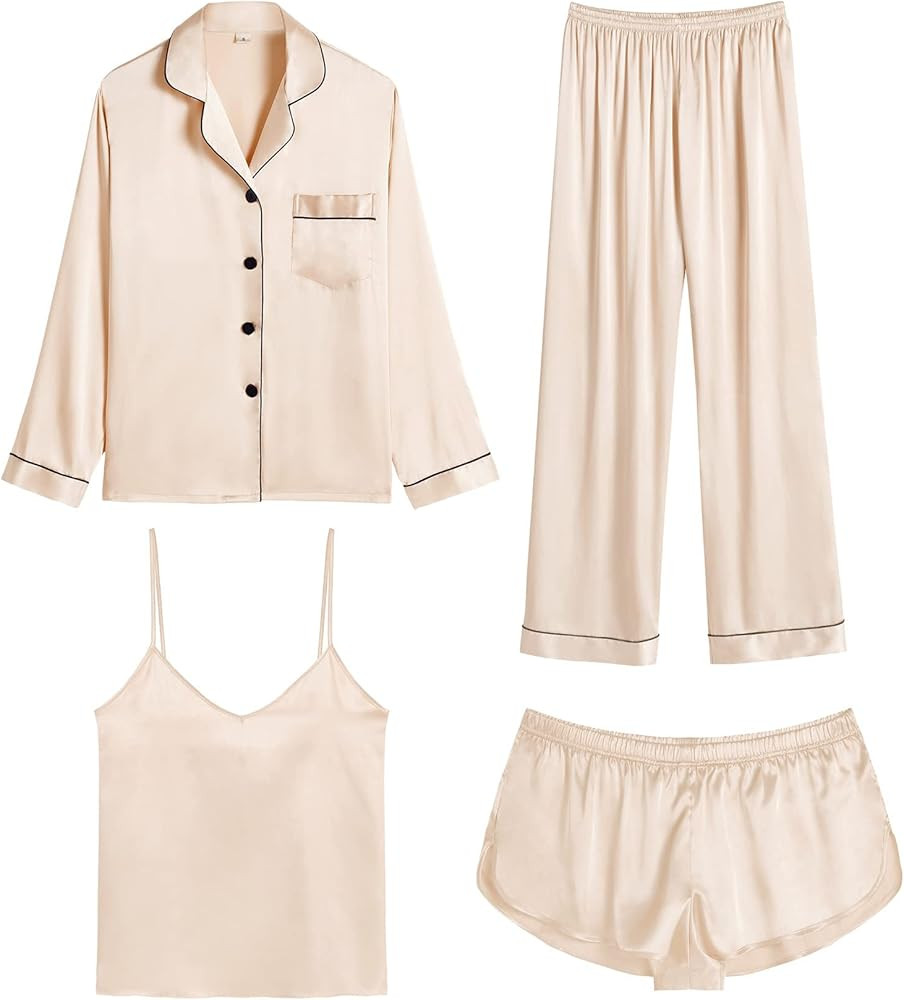 SWOMOG Women Satin Pajamas 4pcs Pajama Set Sexy Cami Shorts Set and Button Down Long Sleeve Pjs L... | Amazon (US)