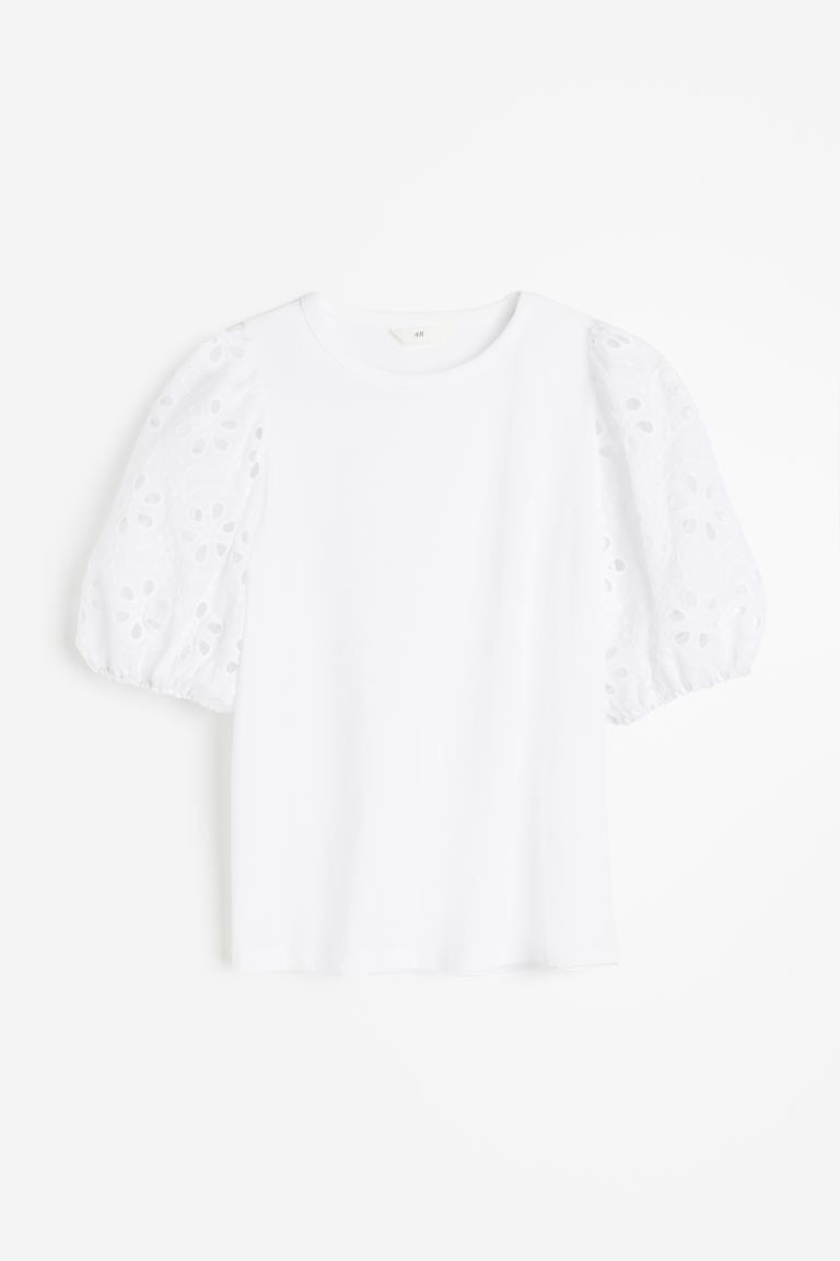 Top with Eyelet Embroidered Sleeves - White - Ladies | H&M US | H&M (US + CA)
