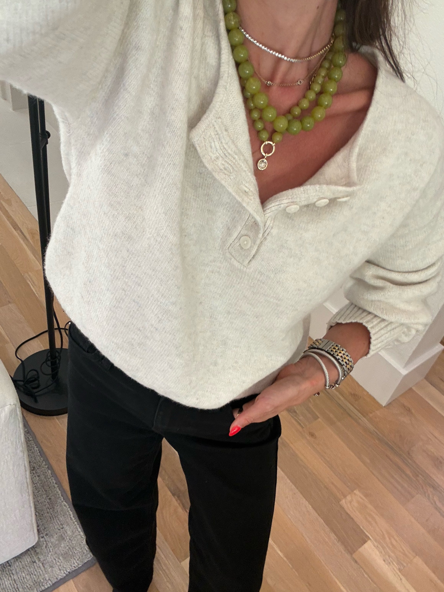 Henley sweater size xxs or xs fall outfit trending necklaces black wide leg jeans size 00