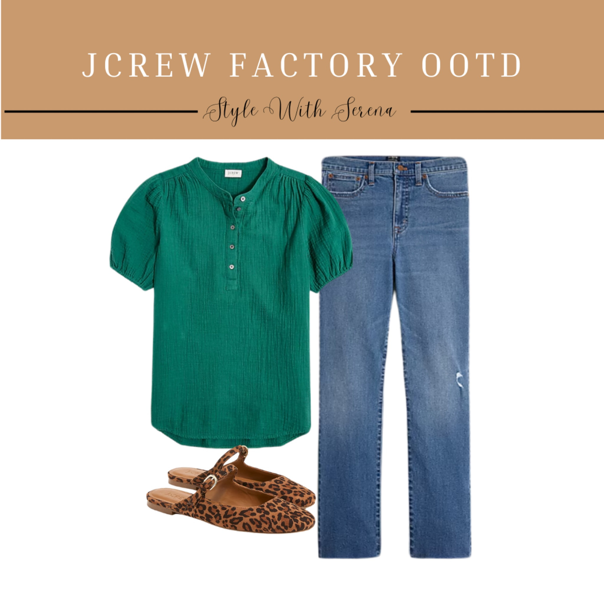 Jcrew factory ootd, linen blouse, green top, jeans, denim, leopard shoes, teacher outfit 

#LTKSeasonal #LTKOver40 #LTKStyleTip