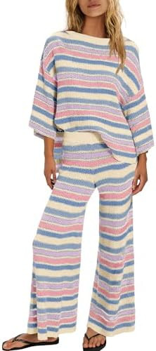 ReachMe Womens Oversized Striped 2 Piece Sets Sweater and Wide Leg Pants with Pockets Pajama Loun... | Amazon (US)