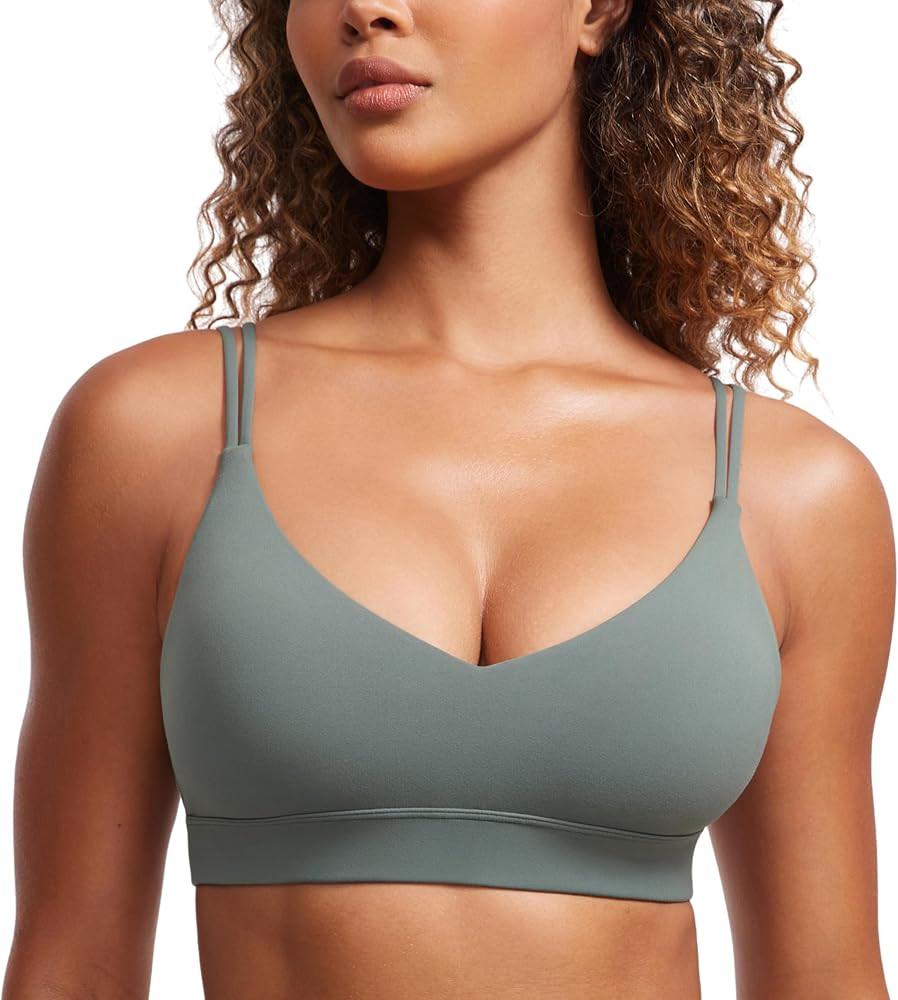 CRZ YOGA Butterluxe V Neck Strappy Sports Bras for Women - Thin Spaghetti Strap Padded Bra Sexy W... | Amazon (US)
